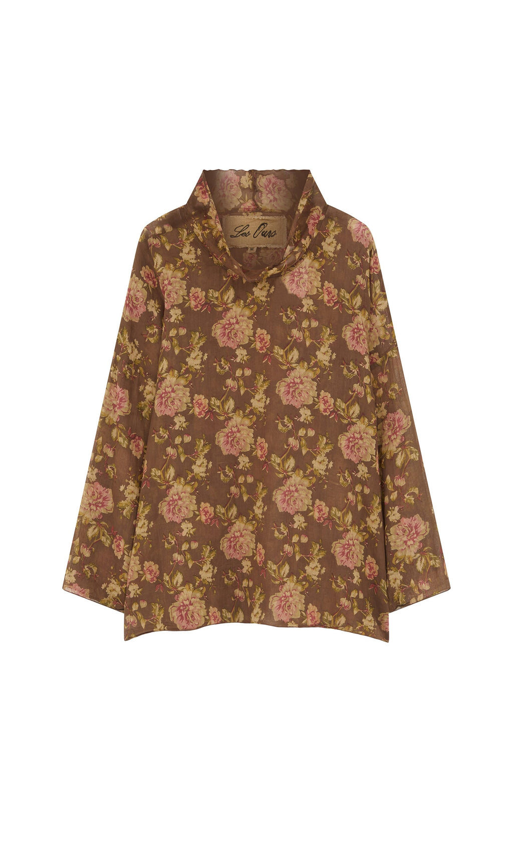 Plümo- The Sylvie Shirt is a brown long-sleeved floral cotton top with pink and yellow flowers and a short, wide collar.