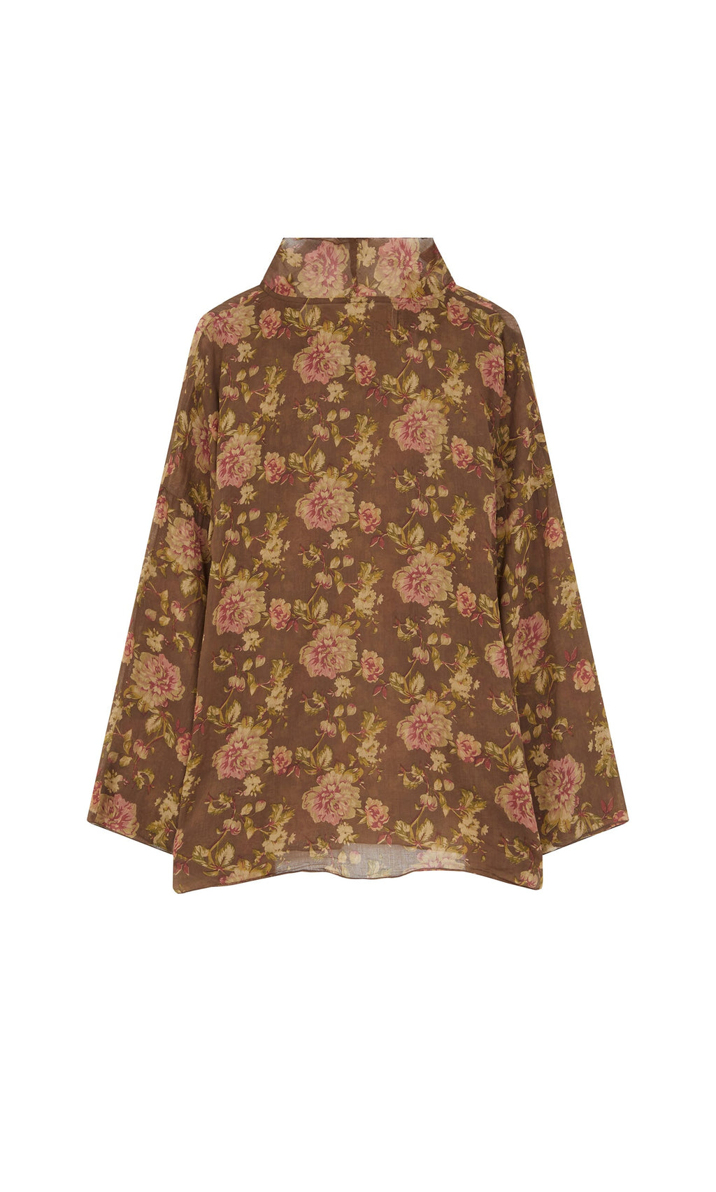 Plümo- Sylvie Shirt: Brown long-sleeve cotton top with pink and yellow floral print, wide collar, and loose fit.