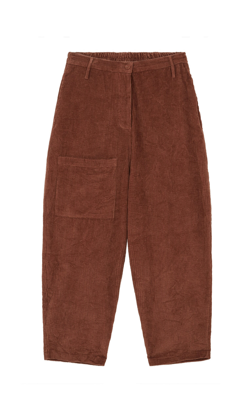 Plümo- Lumber Pants: Brown high-waist corduroy barrel leg pants with elastic waistband, belt loops, and front pocket.