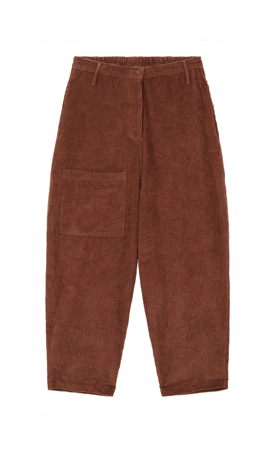 Plümo- Lumber Pants: Brown high-waist corduroy barrel leg pants with elastic waistband, belt loops, and front pocket.
