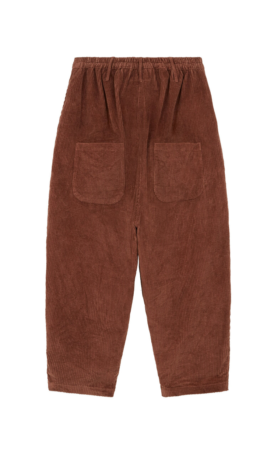 Plümo- Lumber Pants: Brown corduroy barrel leg pants with an elastic waistband and two square back pockets.