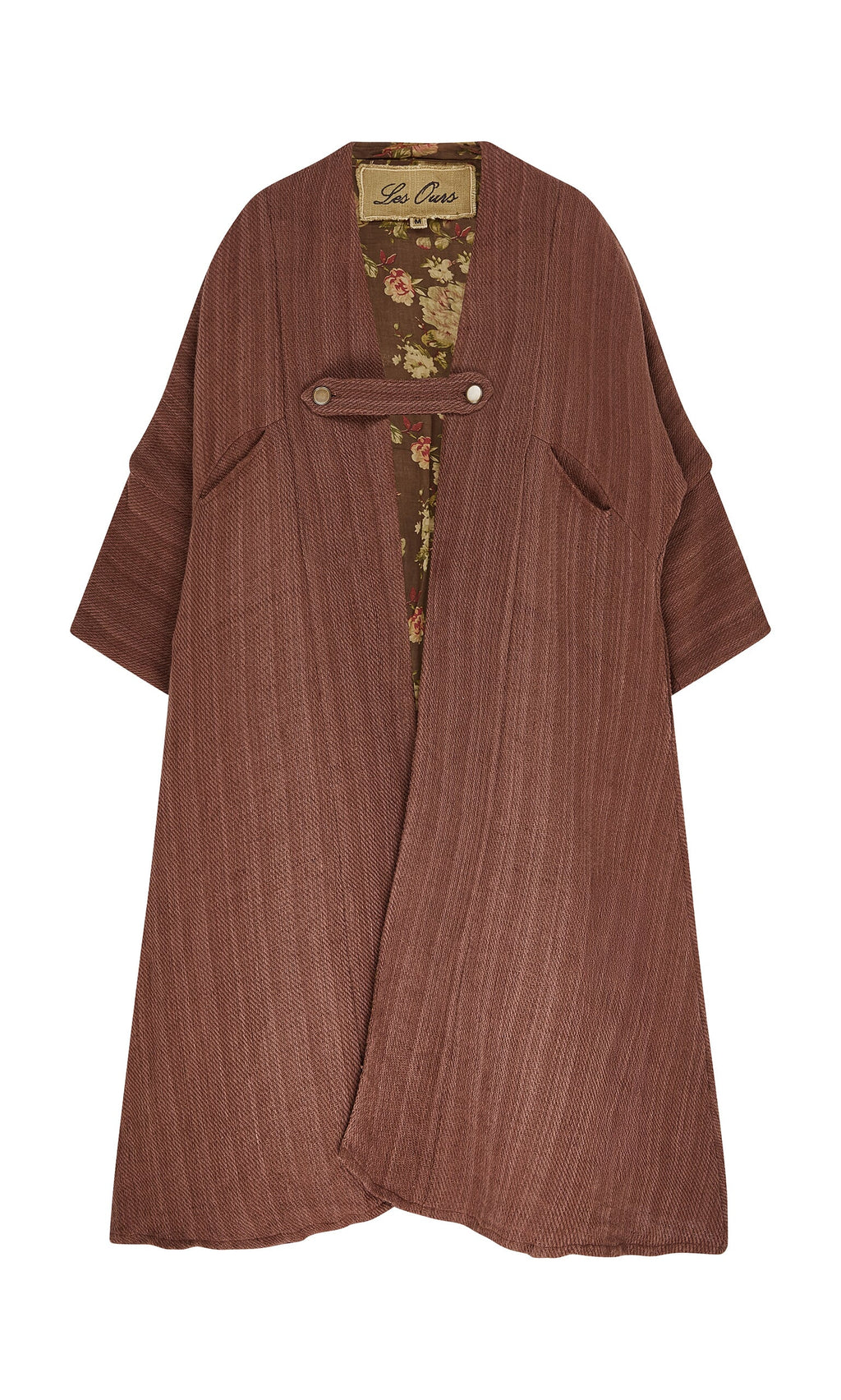 Plümo- Rosewood Coat: brown knit artisan coat with short sleeves and cotton floral print lining on white background.