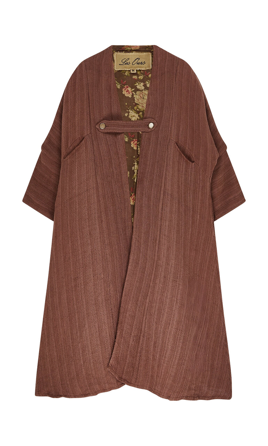 Plümo- Rosewood Coat: brown knit artisan coat with short sleeves and cotton floral print lining on white background.