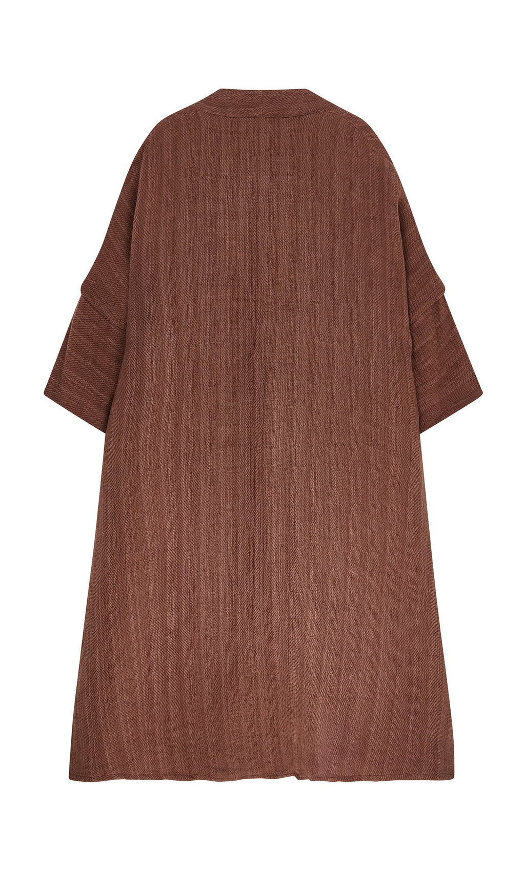 Plümo- Rosewood Coat: brown, loose-fitting artisan cardigan with an A-line cut, shown from the back on a white background.