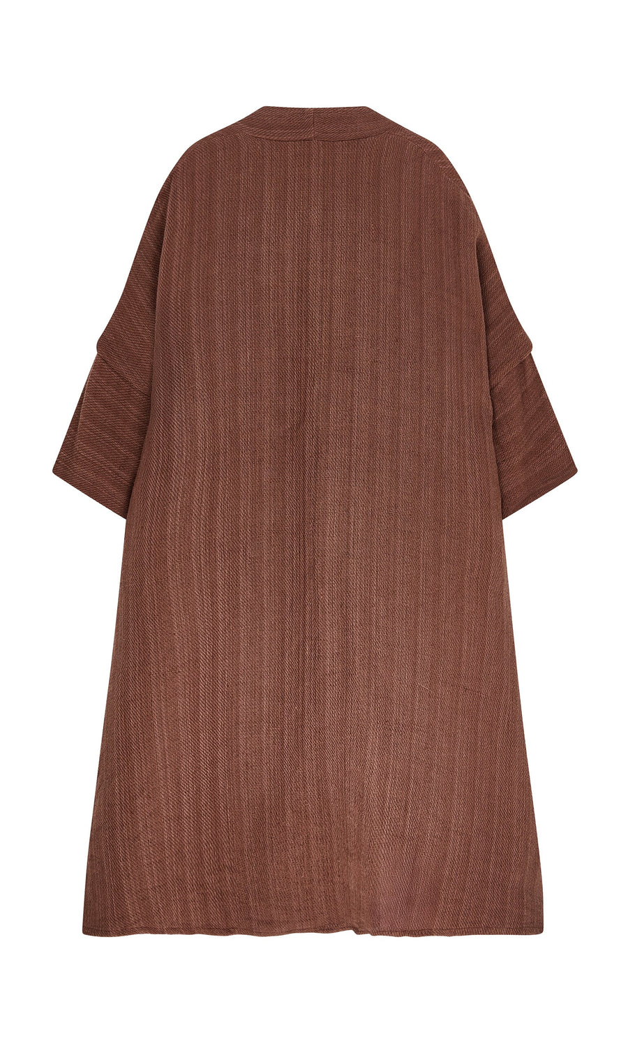 Plümo- Rosewood Coat: brown, loose-fitting artisan cardigan with an A-line cut, shown from the back on a white background.