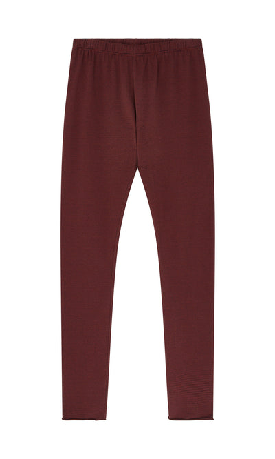 Plümo- Prue Leggings in maroon cotton with an elastic waistband, shown flat on a white background.