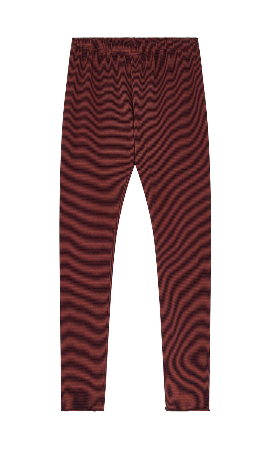 Plümo- Prue Leggings in maroon cotton with an elastic waistband, shown flat on a white background.