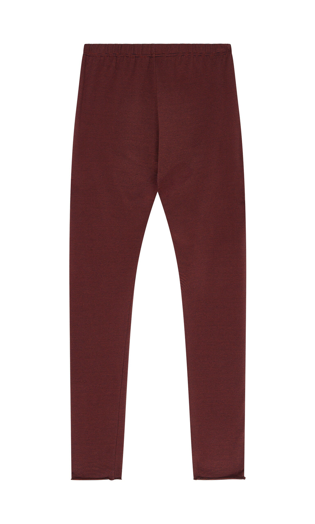 Plümo- Prue Leggings in maroon, full-length cotton with elastic waistband, shown laid flat on a white background.
