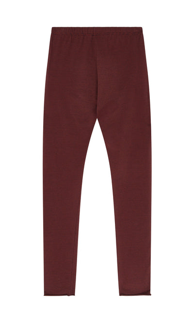 Plümo- Prue Leggings in maroon, full-length cotton with elastic waistband, shown laid flat on a white background.