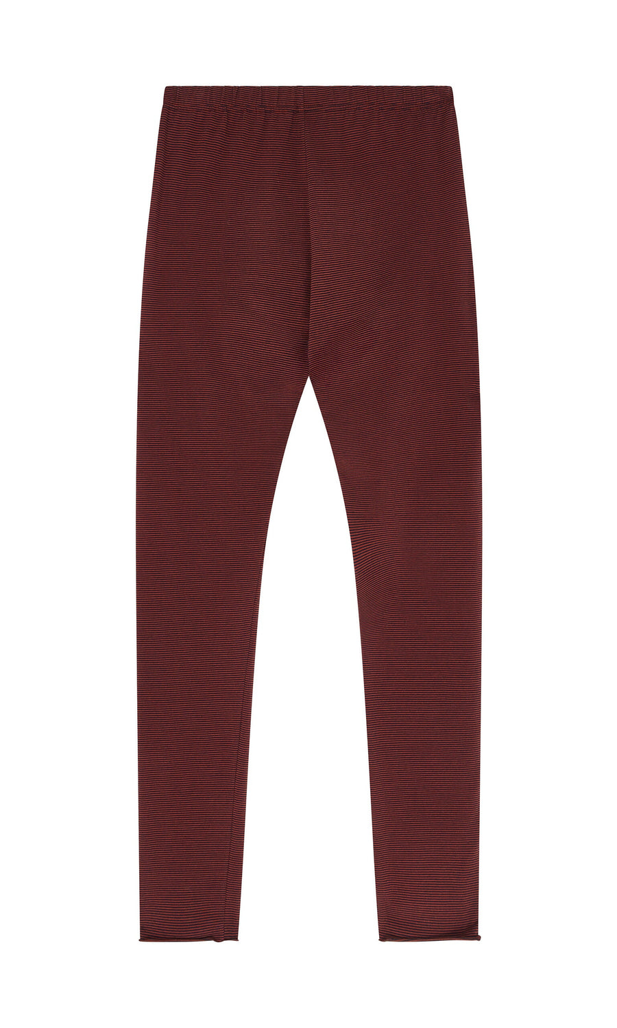 Plümo- Prue Leggings in maroon, full-length cotton with elastic waistband, shown laid flat on a white background.