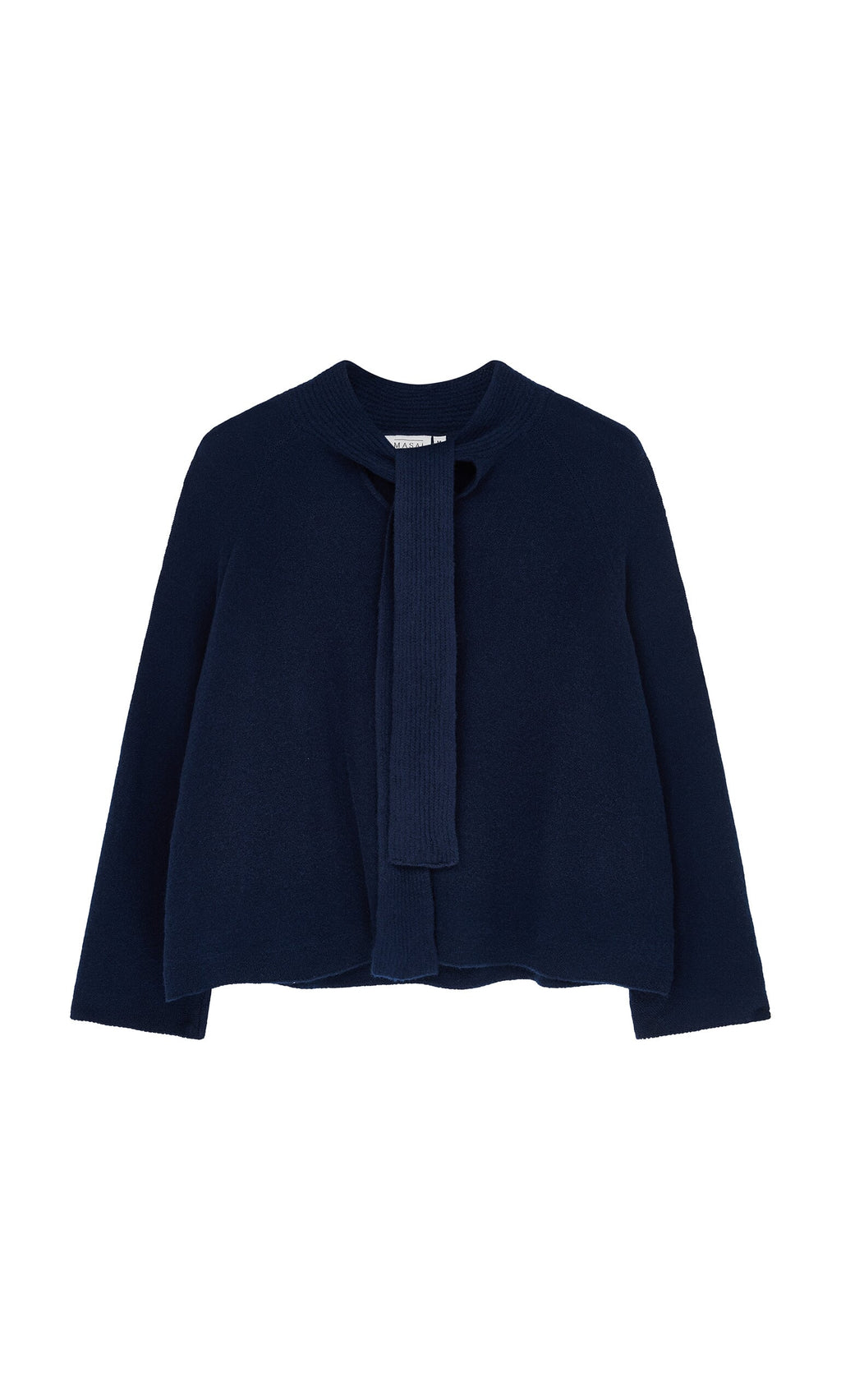 Plümo- The Dobbs Jumper is a navy blue, lightweight wool cardigan with rib knit ties, long sleeves, and a cropped hem.