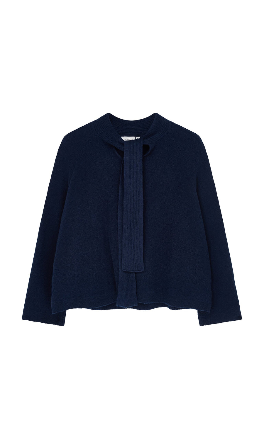 Plümo- The Dobbs Jumper is a navy blue, lightweight wool cardigan with rib knit ties, long sleeves, and a cropped hem.