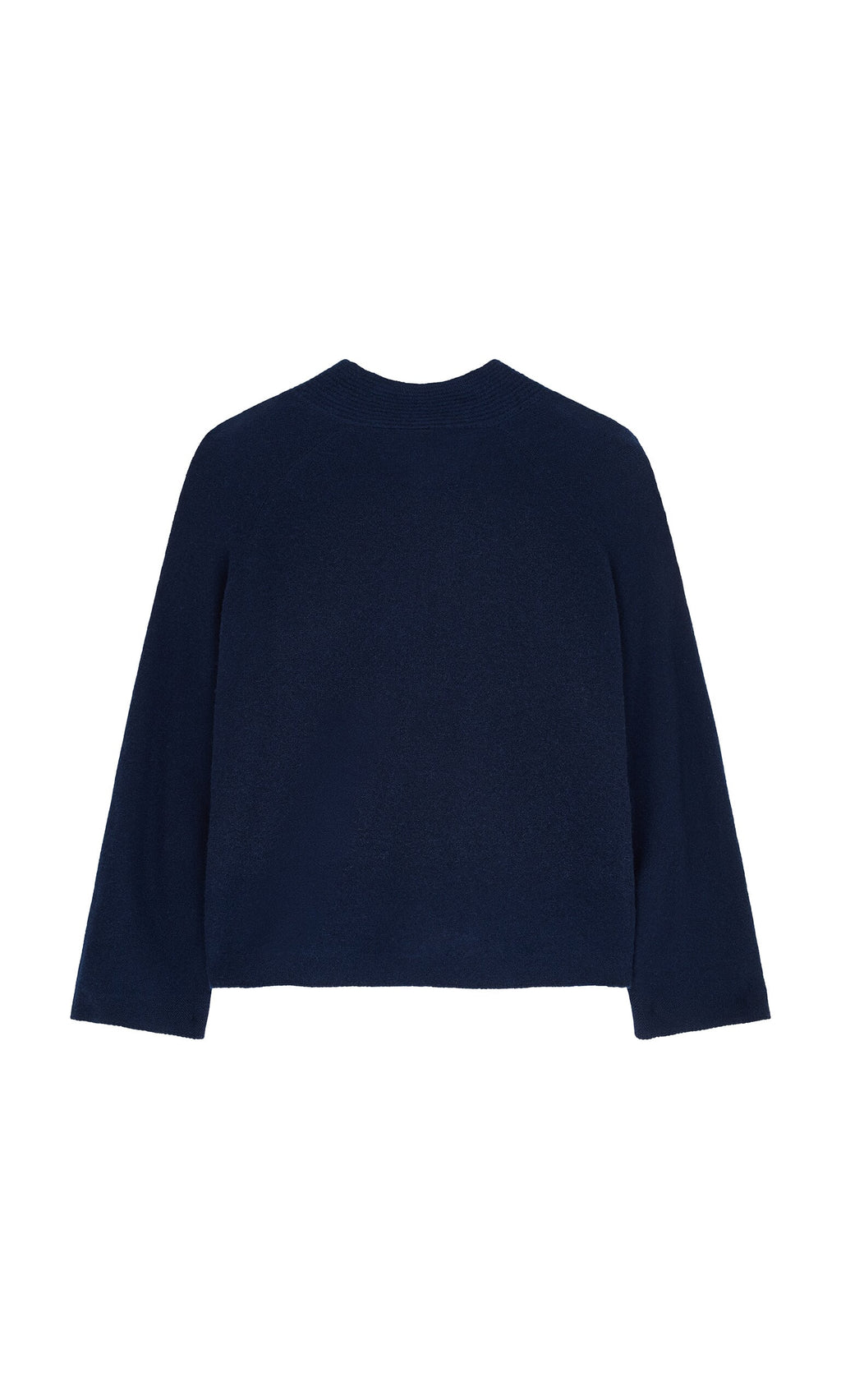 Plümo- The Dobbs Jumper is a navy blue lightweight wool sweater with long sleeves, shown from the back on white.