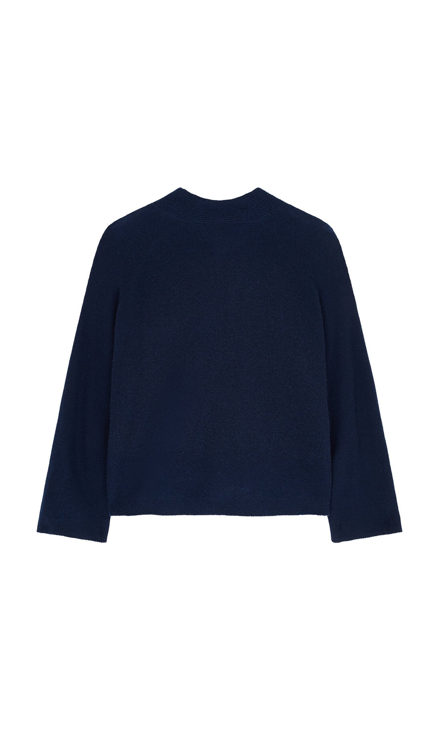Plümo- The Dobbs Jumper is a navy blue lightweight wool sweater with long sleeves, shown from the back on white.