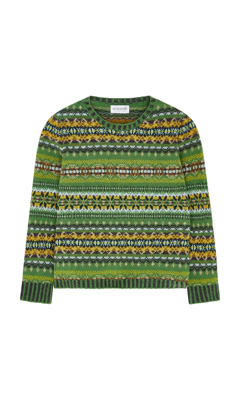 Plümo- St Kilda Jumper: green wool Fair Isle knit with multicolored patterns in classic Scottish style, shown laid flat.