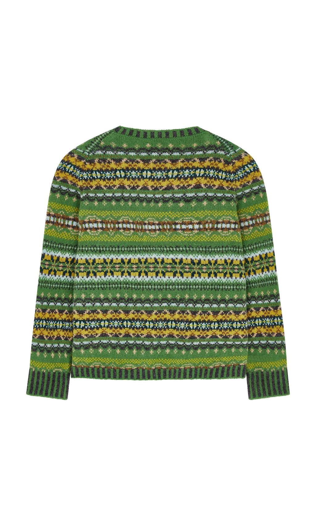 Plümo- Green and yellow St Kilda Jumper with intricate Fair Isle patterns and long sleeves, shown from the back.