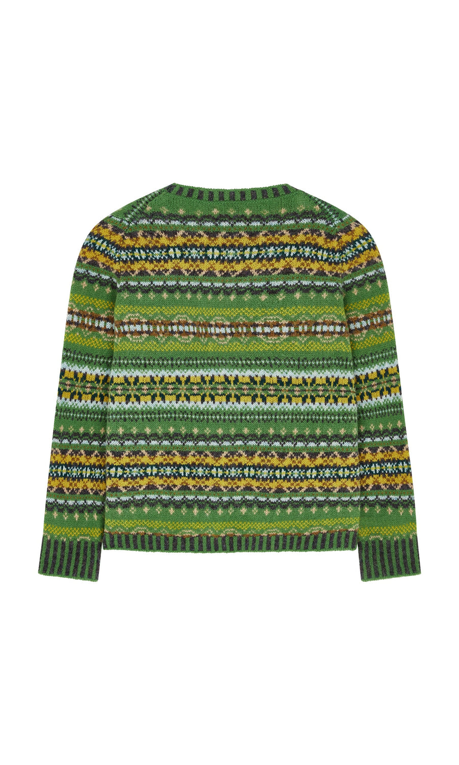 Plümo- Green and yellow St Kilda Jumper with intricate Fair Isle patterns and long sleeves, shown from the back.