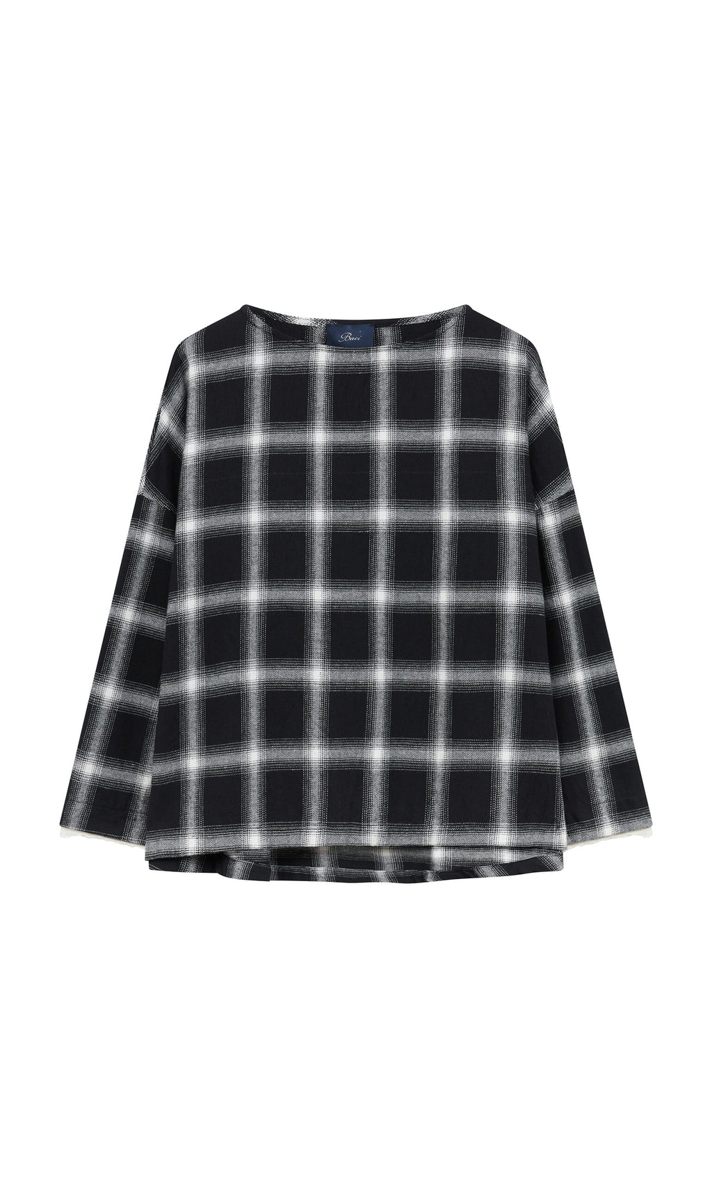 Plümo- Gifford Blouse: Monochrome plaid, brushed flannel tunic with loose fit and wide neckline, made in Italy.