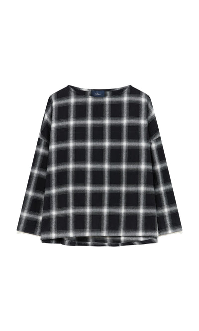 Plümo- Gifford Blouse: Monochrome plaid, brushed flannel tunic with loose fit and wide neckline, made in Italy.