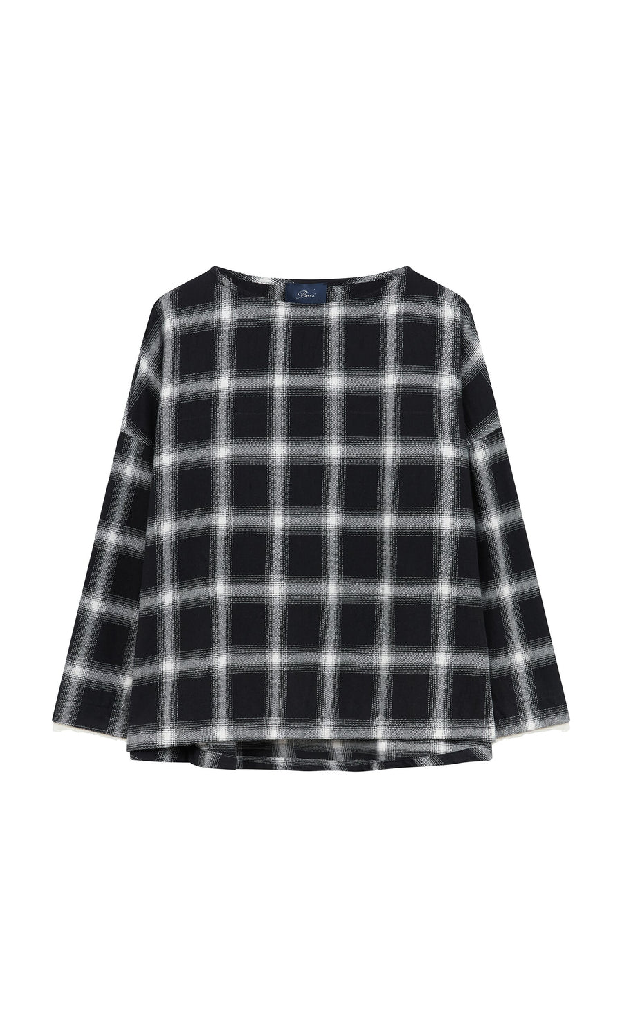 Plümo- Gifford Blouse: Monochrome plaid, brushed flannel tunic with loose fit and wide neckline, made in Italy.