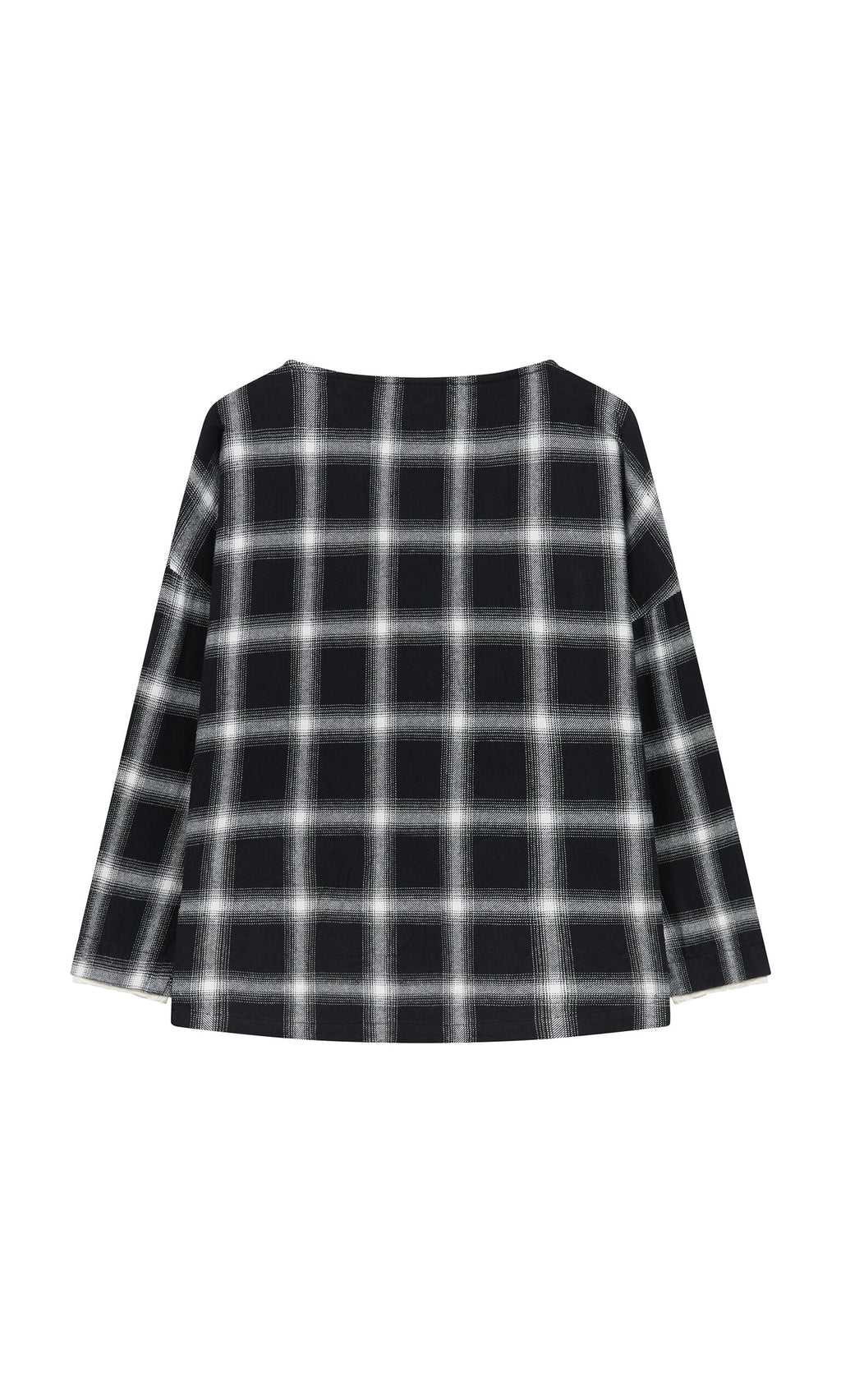 Plümo- Gifford Blouse: black brushed flannel long-sleeve shirt with a white check plaid, shown flat on white background.
