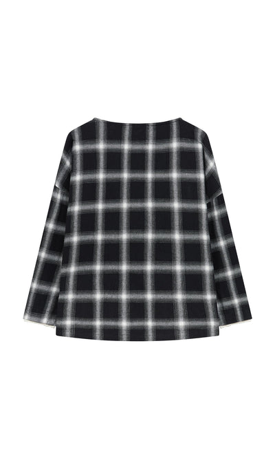 Plümo- Gifford Blouse: black brushed flannel long-sleeve shirt with a white check plaid, shown flat on white background.