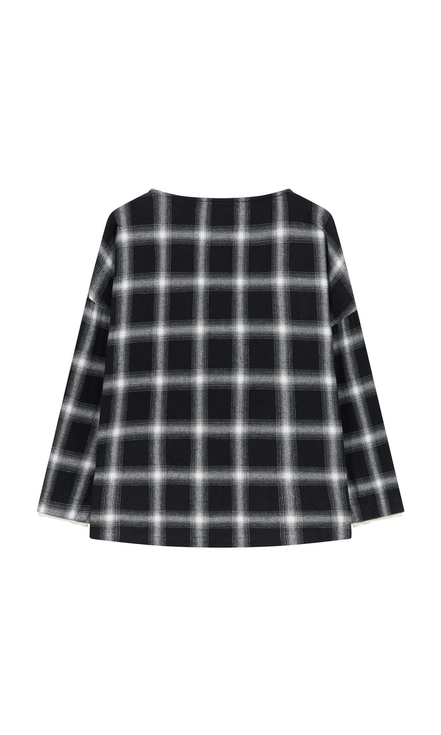 Plümo- Gifford Blouse: black brushed flannel long-sleeve shirt with a white check plaid, shown flat on white background.