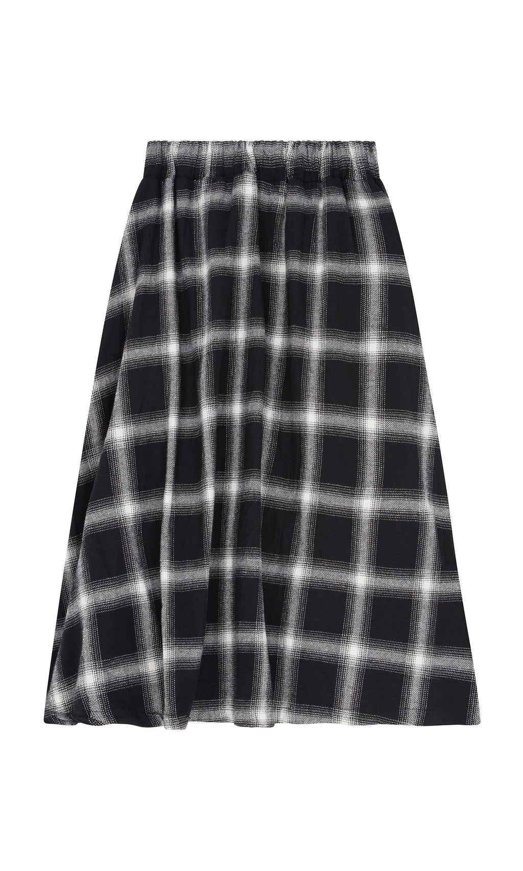Plümo- Noemi Skirt: black and white plaid flannel A-line skirt with elastic waistband, shown on white background.