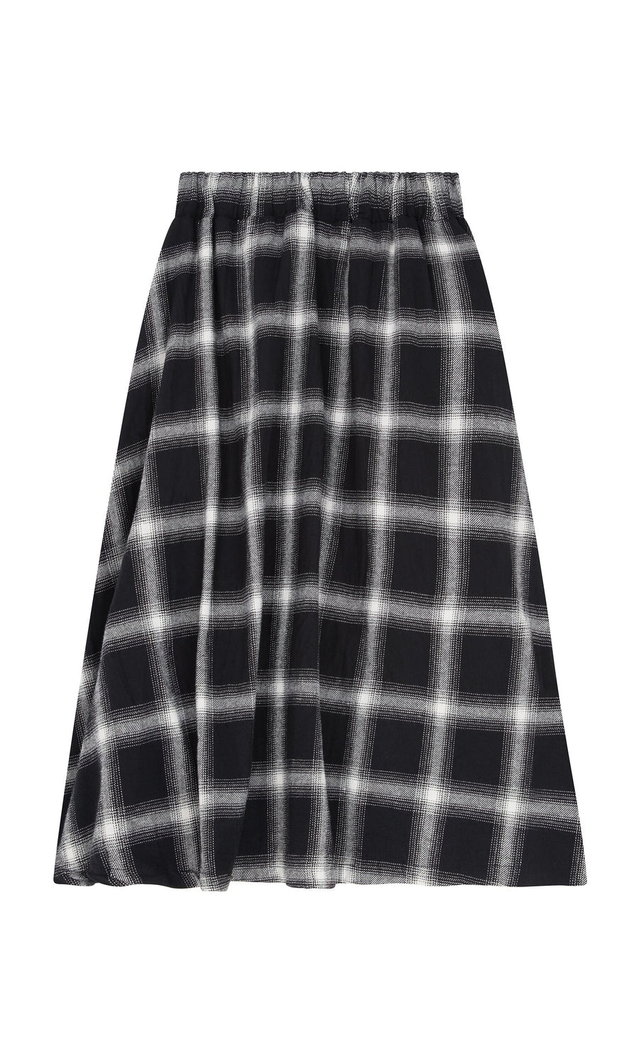Plümo- Noemi Skirt: black and white plaid flannel A-line skirt with elastic waistband, shown on white background.