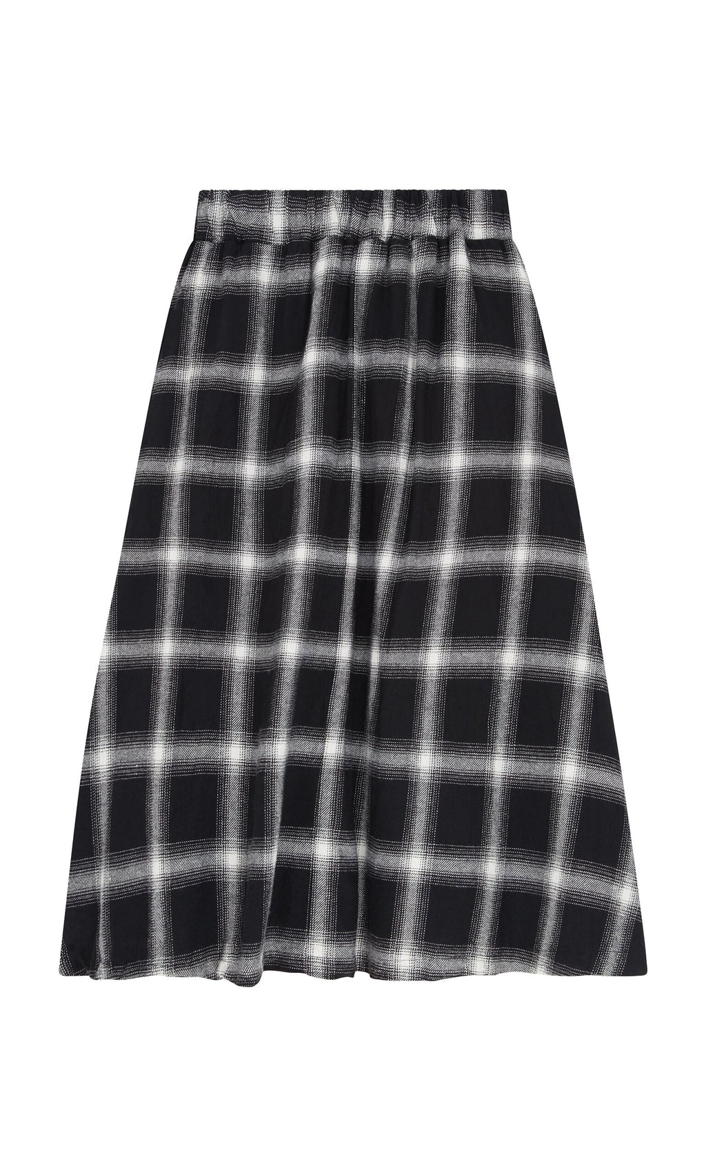 Plümo- Noemi Skirt: Black and white plaid flannel A-line skirt with an elastic waistband, shown on a white background.