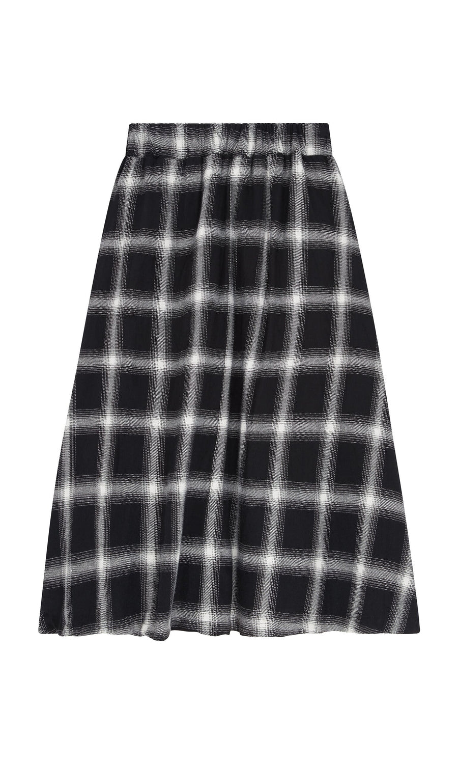Plümo- Noemi Skirt: Black and white plaid flannel A-line skirt with an elastic waistband, shown on a white background.