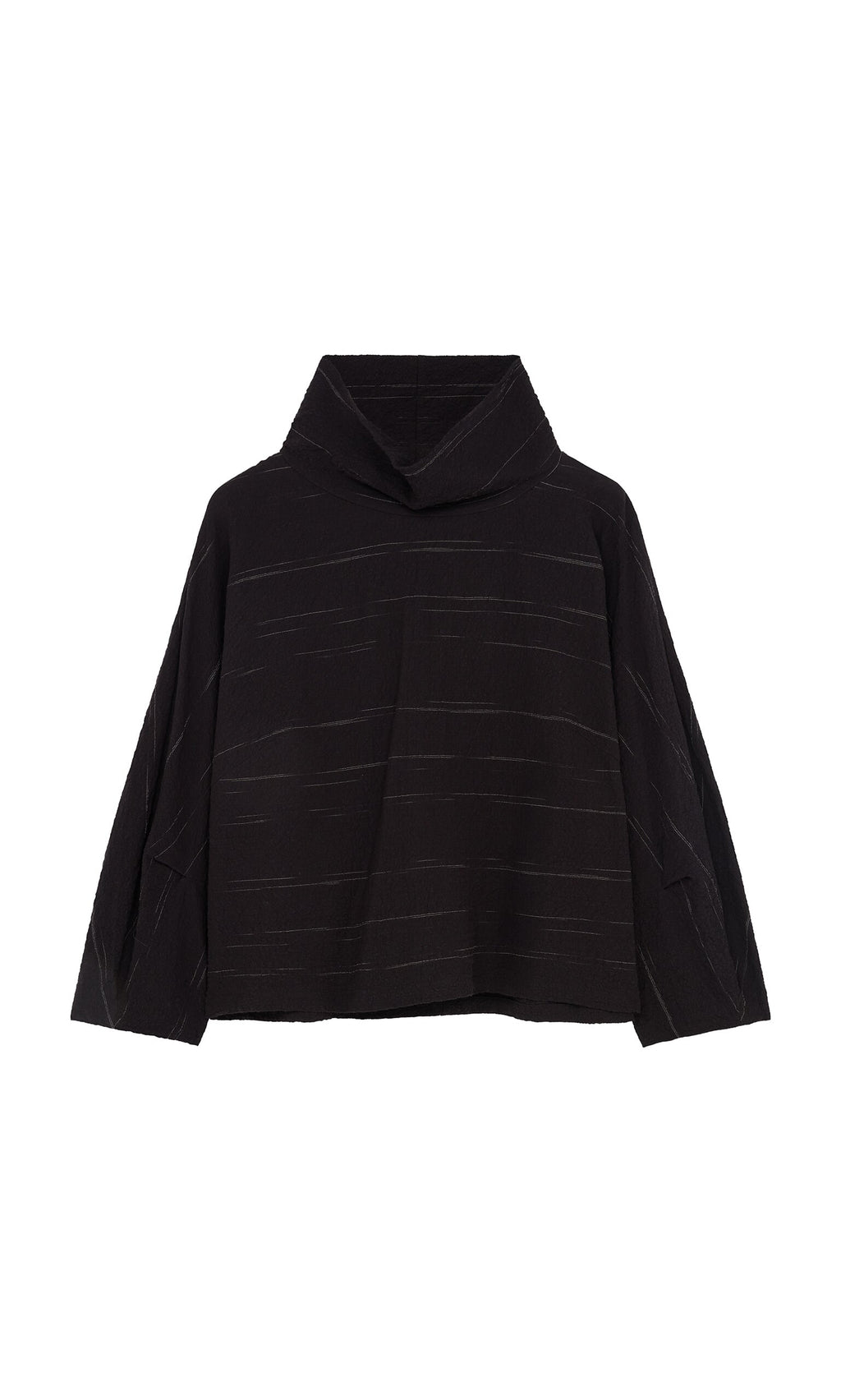 Plümo- Cowl Neck Blouse in black with long sleeves and subtle horizontal stitched lines, shown on a white background.
