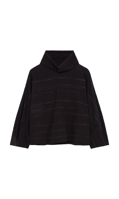 Plümo- Cowl Neck Blouse in black with long sleeves and subtle horizontal stitched lines, shown on a white background.