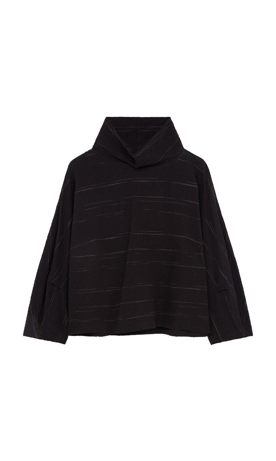 Plümo- Cowl Neck Blouse in black with long sleeves and subtle horizontal stitched lines, shown on a white background.