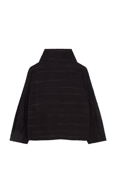 Plümo- Cowl Neck Blouse with wide sleeves, high collar, textural fabric, and subtle horizontal lines shown from the back.