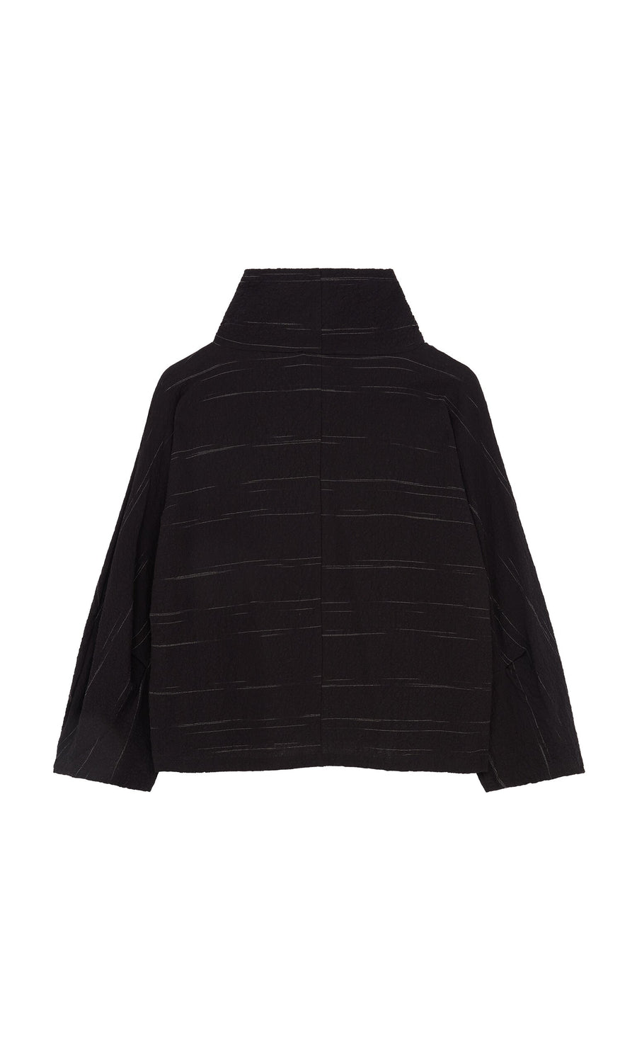Plümo- Cowl Neck Blouse with wide sleeves, high collar, textural fabric, and subtle horizontal lines shown from the back.
