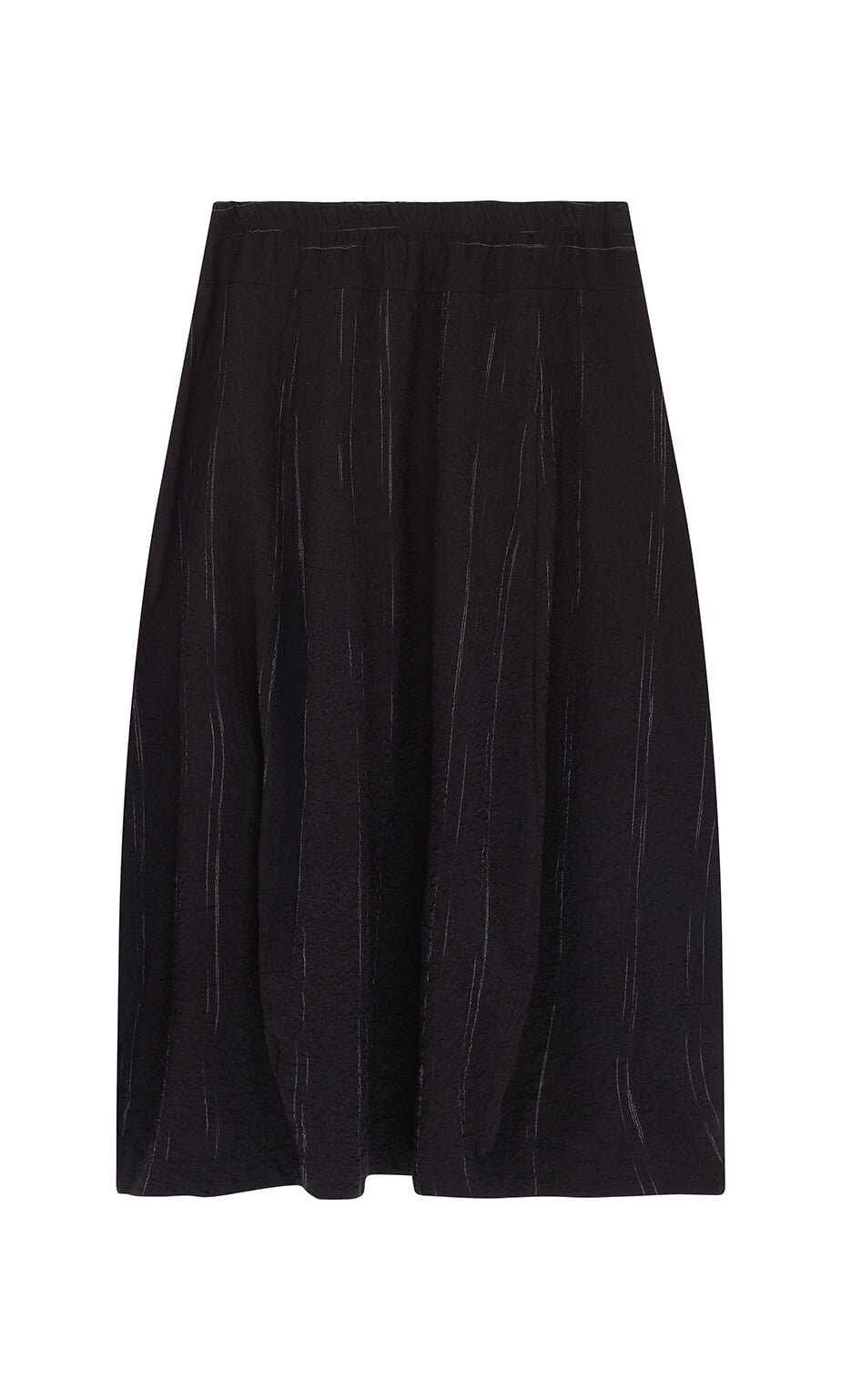 Plümo- Speckle Skirt: Black seersucker skirt with an elasticated waist and subtle vertical textured pattern.