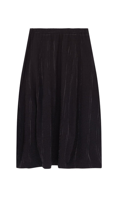 Plümo- Speckle Skirt: Black seersucker skirt with an elasticated waist and subtle vertical textured pattern.