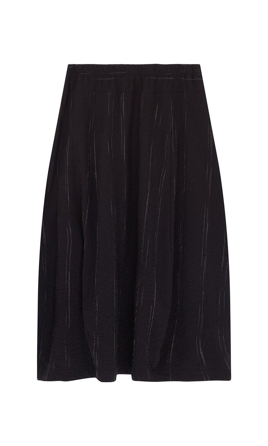 Plümo- Speckle Skirt: Black seersucker skirt with an elasticated waist and subtle vertical textured pattern.