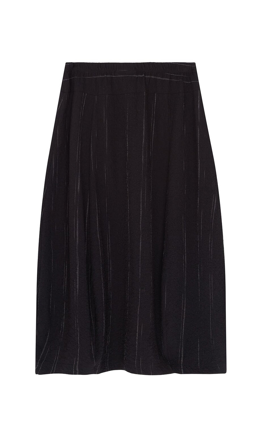 Plümo- Speckle Skirt: black knee-length seersucker with subtle pinstripes and elastic waist, shown on white background.