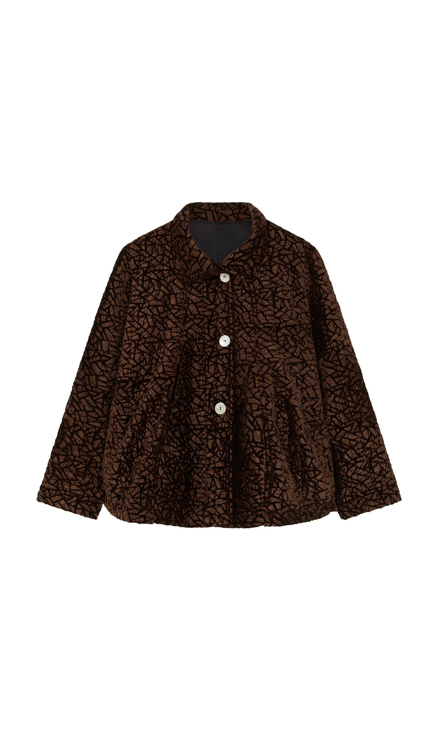 Plümo- Murano Jacket: Brown textured velvet with a collar, two front pockets, and a subtle geometric pattern.