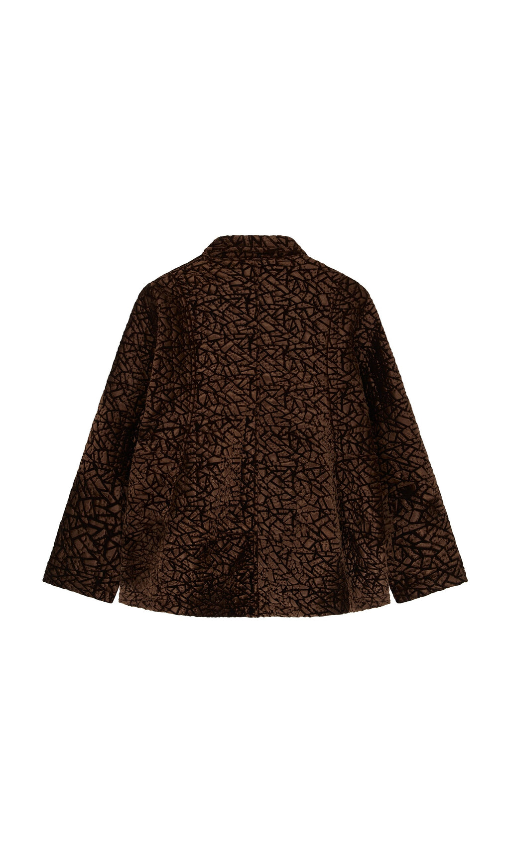 Plümo- Murano Jacket: brown faux fur with black geometric pattern, shown flat with back facing up on a white background.