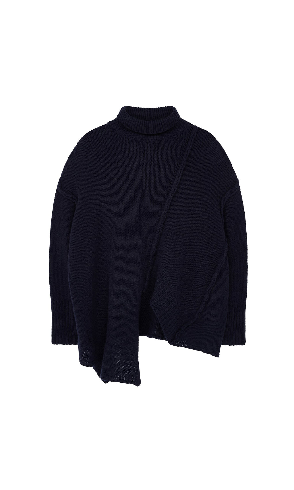 Plümo- The Yarker Rollneck is a black, ribbed long-sleeve sweater with an asymmetric hem, shown on a white background.