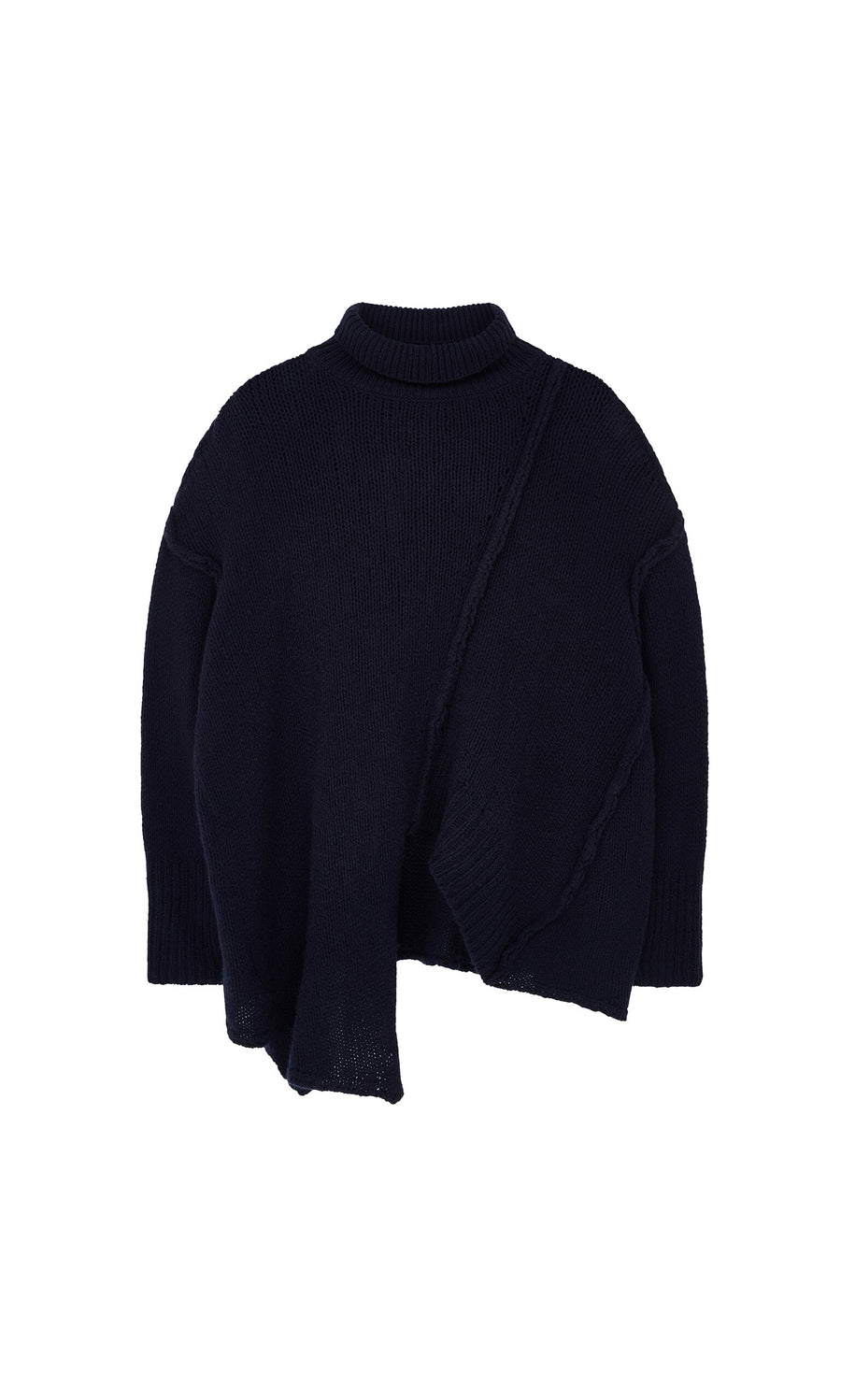 Plümo- The Yarker Rollneck is a black, ribbed long-sleeve sweater with an asymmetric hem, shown on a white background.
