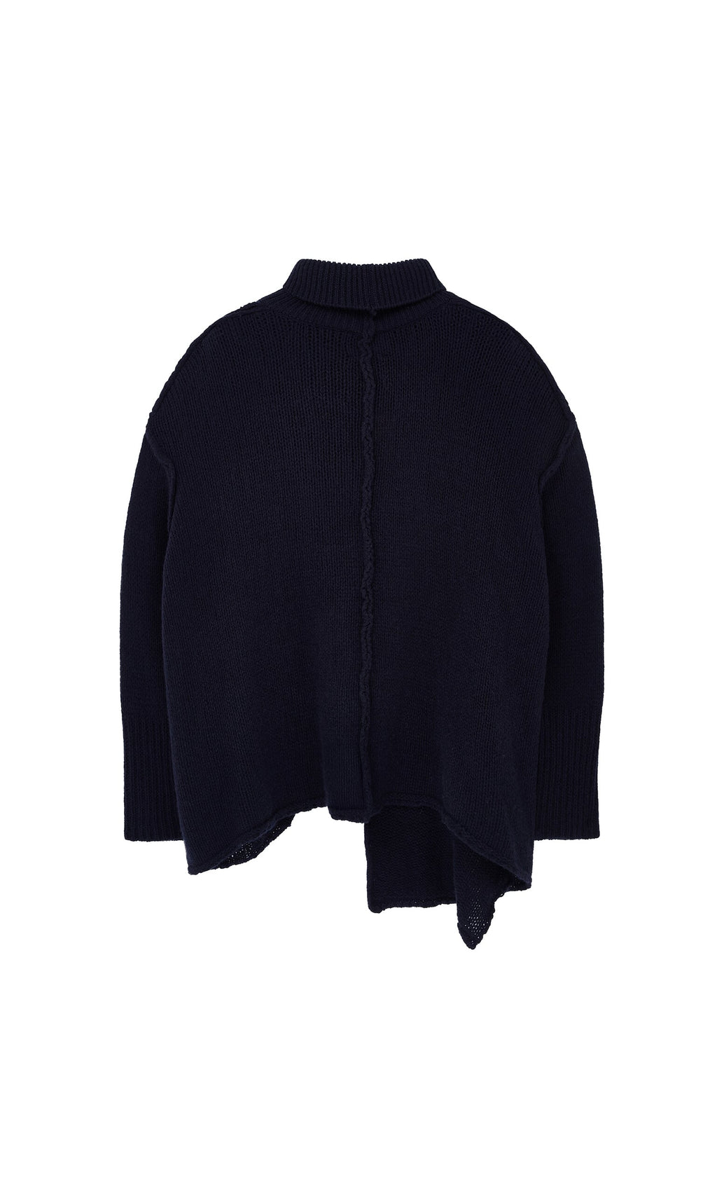 Plümo- The Yarker Rollneck is a dark blue sweater with an asymmetric hem, ribbed roll neck, and long sleeves shown from the back.
