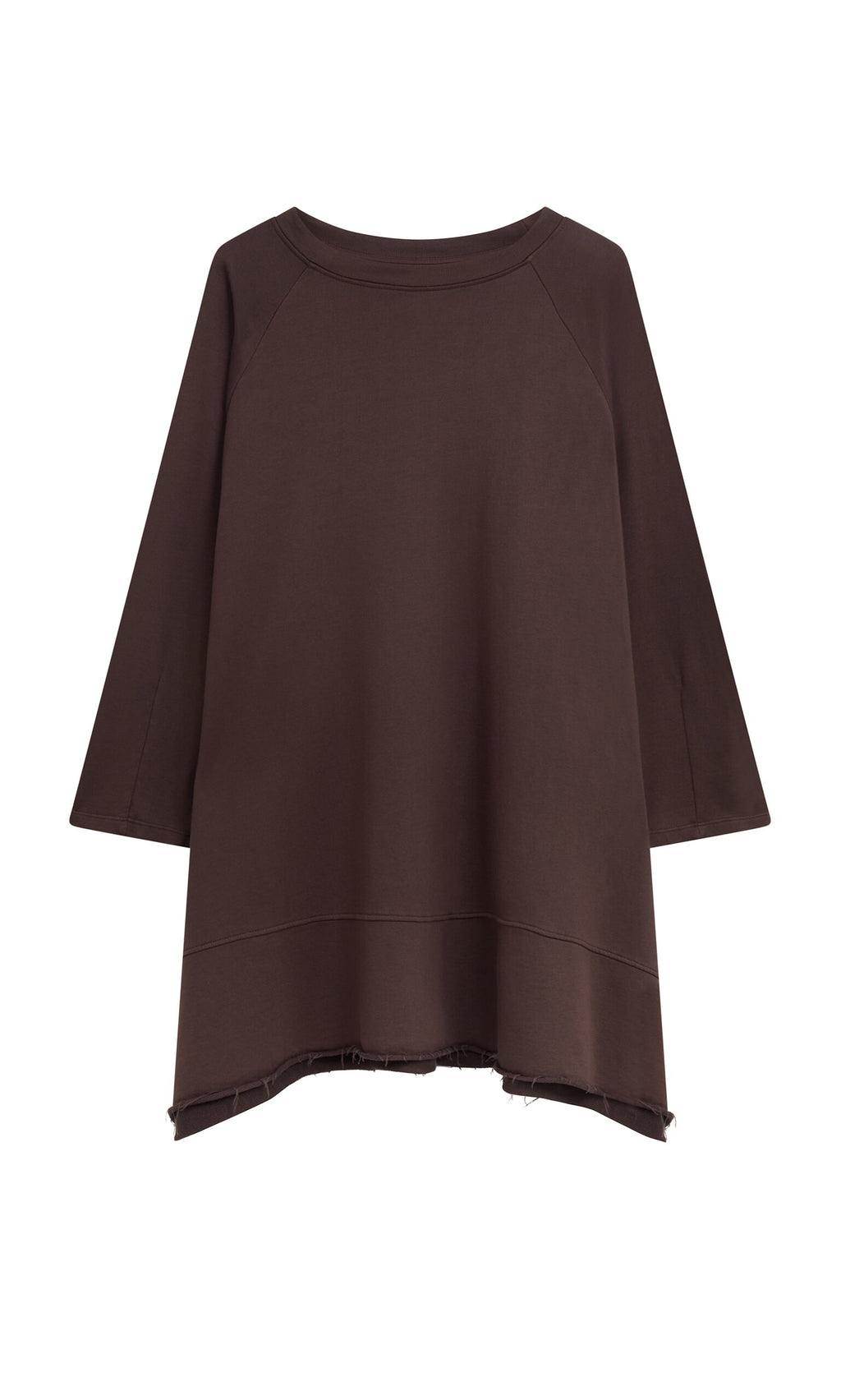 Plümo- Loose-fitting Kelie Sweater in dark brown with a wide neckline and frayed hem, featuring relaxed Danish design.