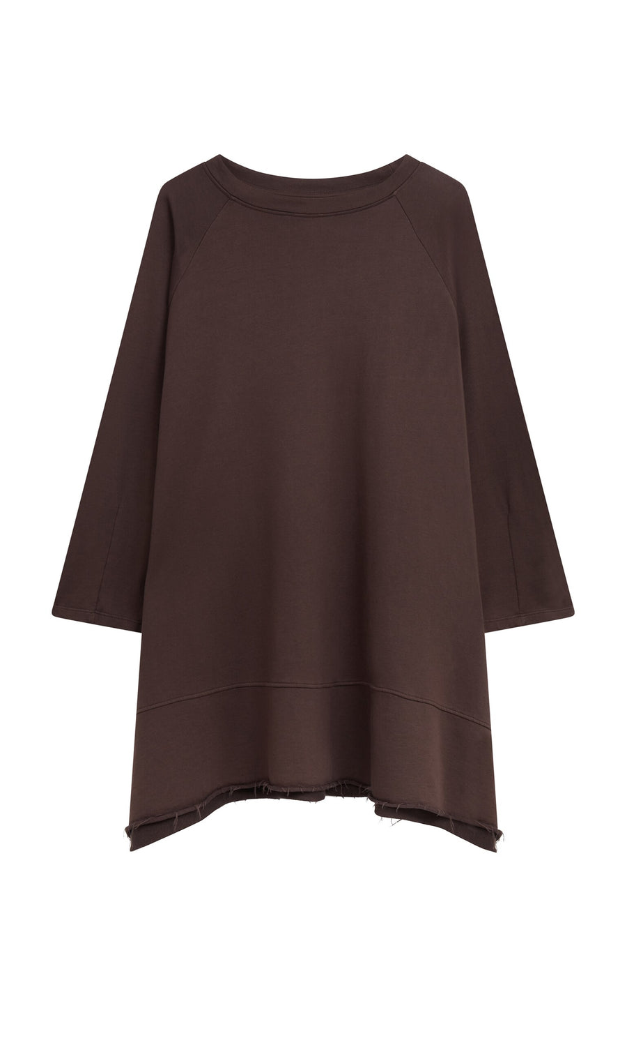 Plümo- Loose-fitting Kelie Sweater in dark brown with a wide neckline and frayed hem, featuring relaxed Danish design.