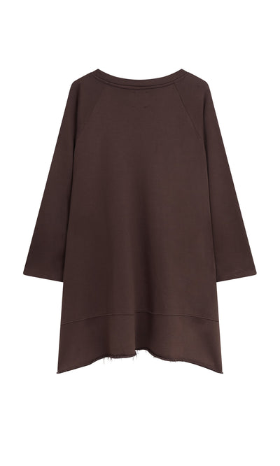 Plümo- Kelie Sweater: loose-fit, long-sleeve brown oversized tunic with raw hem, shown from the back on white background.