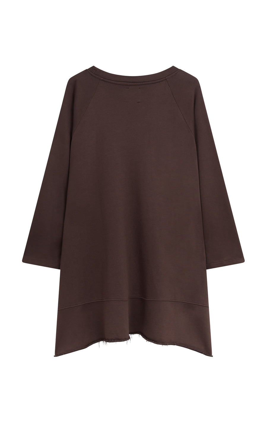 Plümo- Kelie Sweater: loose-fit, long-sleeve brown oversized tunic with raw hem, shown from the back on white background.