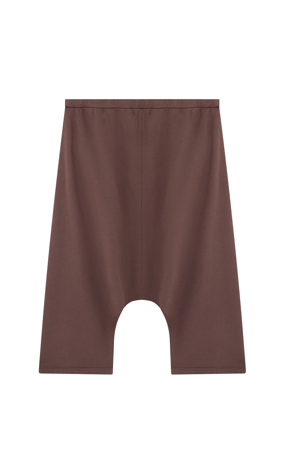 Plümo- Sybel Pants: Brown wide-leg, knee-length shorts with dropped-crotch and elastic waistband on white background.